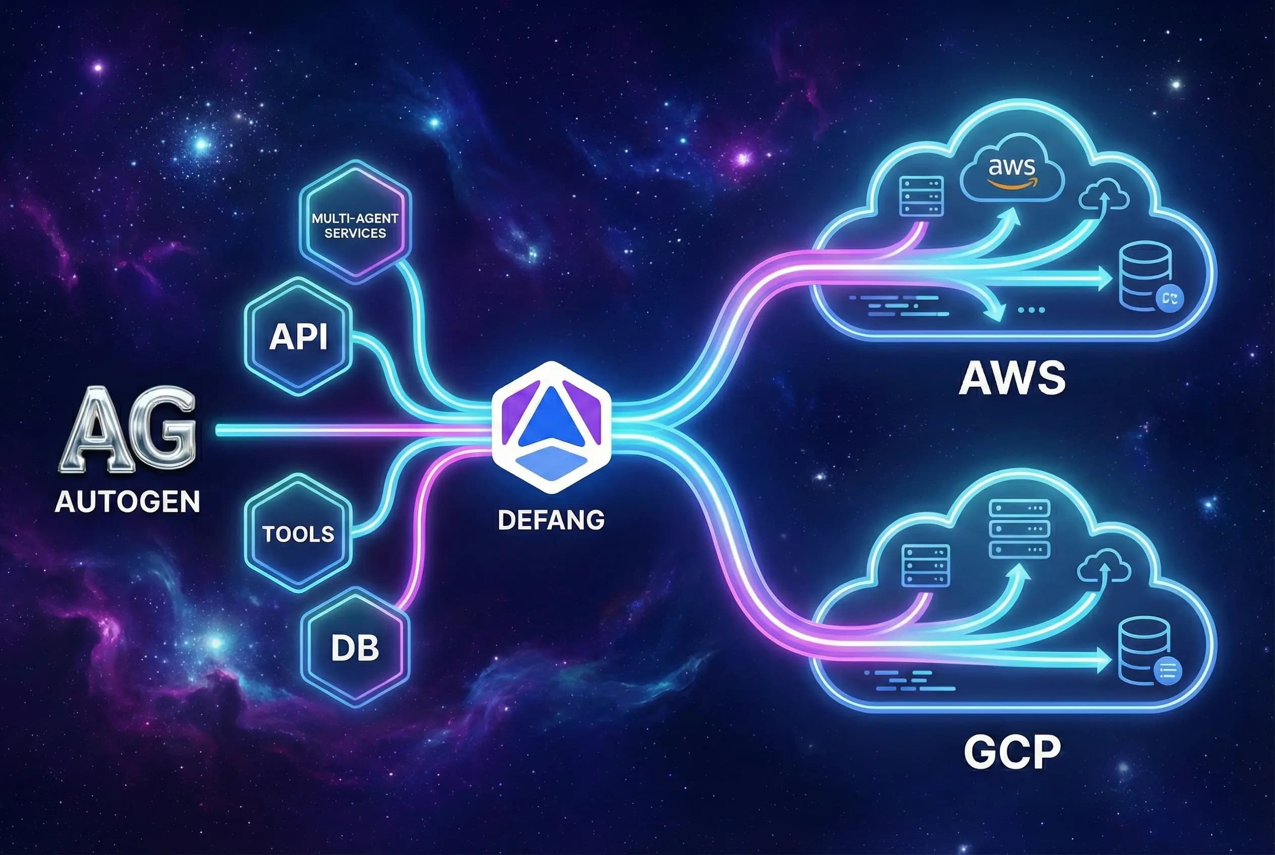 Illustration of AutoGen agents and tools flowing into a Defang-managed cloud deployment.